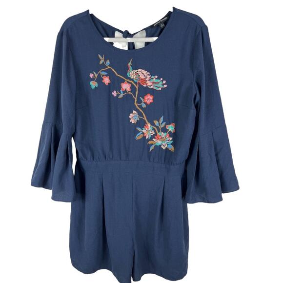 Jealous Tomato Navy Peacock Floral Embroidered Romper Size Large - Picture 1 of 6